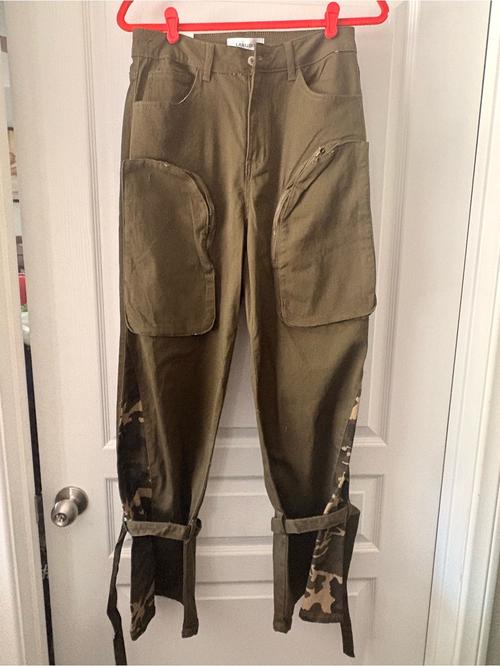 High-Rise Olive Wide-Leg Cargo Pants with Camo Hem